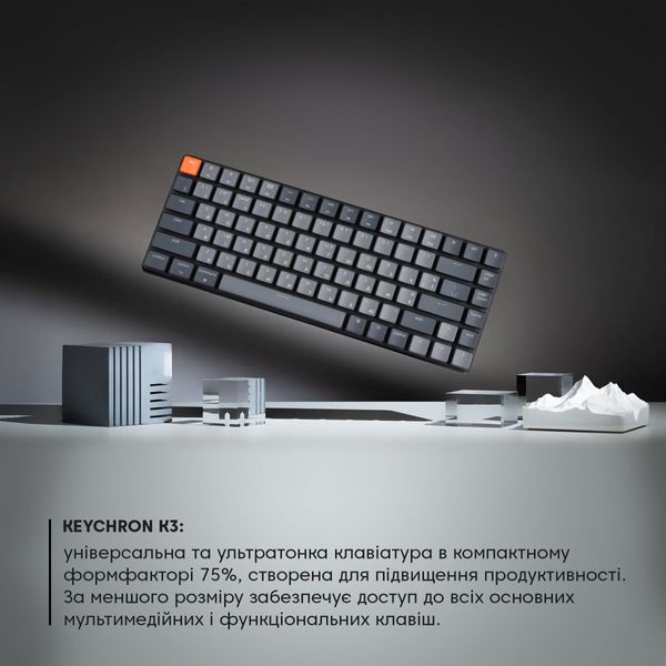 Дефект_Клавиатура механическая K3 84Key, Optical Brown, BT/USB-A, Hot-swap, Low Profile, EN/UKR, RGB, Чорний Дефект_K3E3_KEYCHRON фото